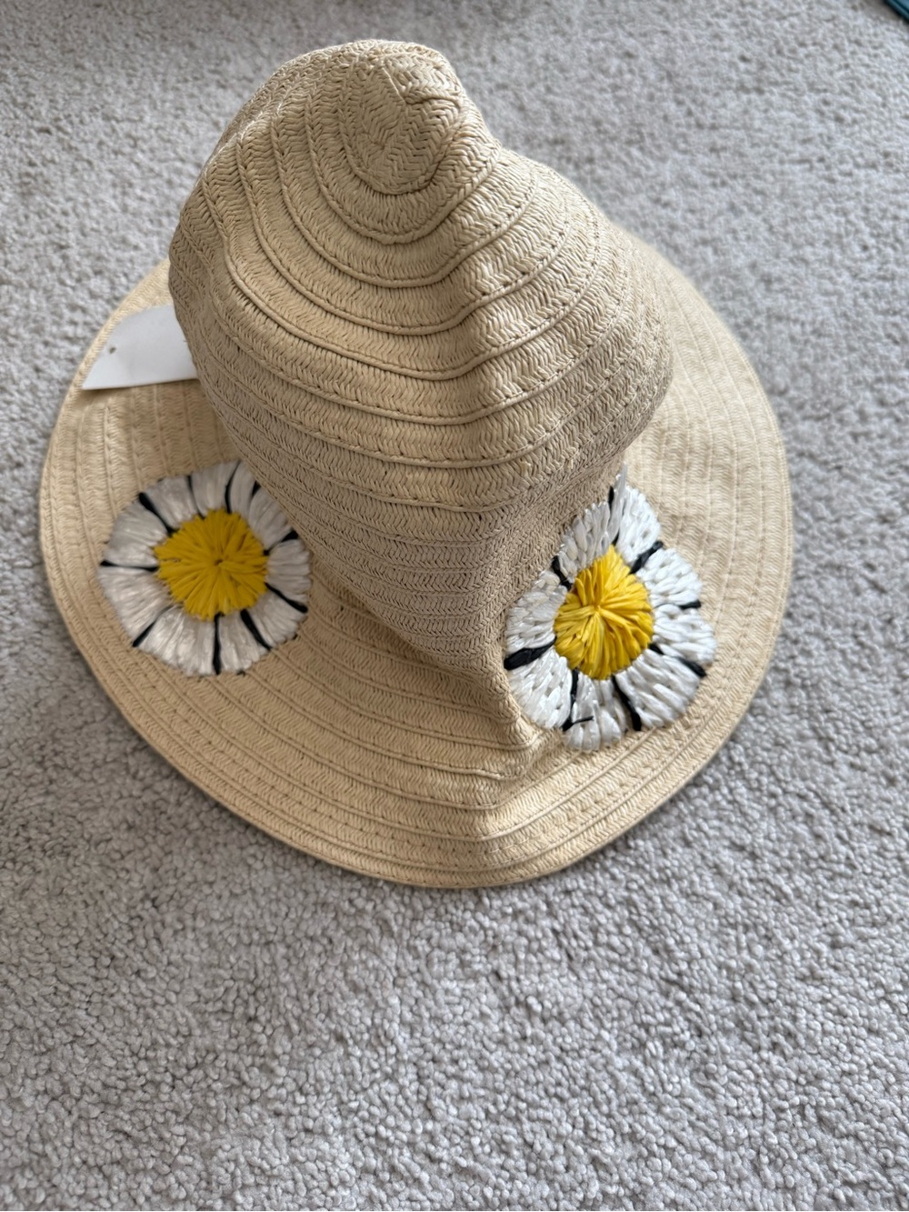 Beige Straw Sun Hat w/ Daisy Flowers Wide Brim Beach Summer Women’s One Size New - Picture 2 of 8